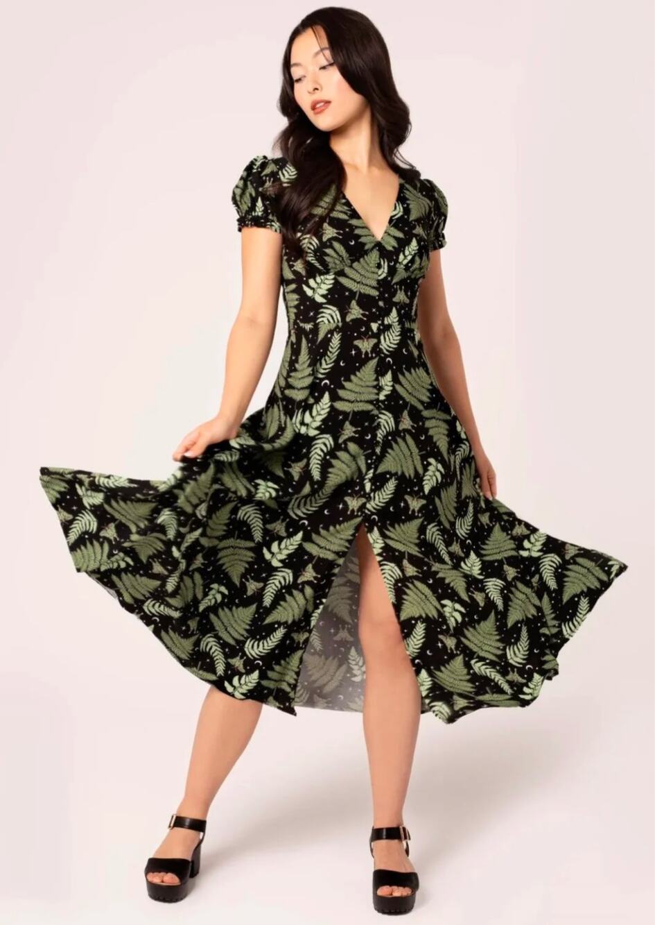Hellbunny Gaia Black & Green Front Button Dress Small